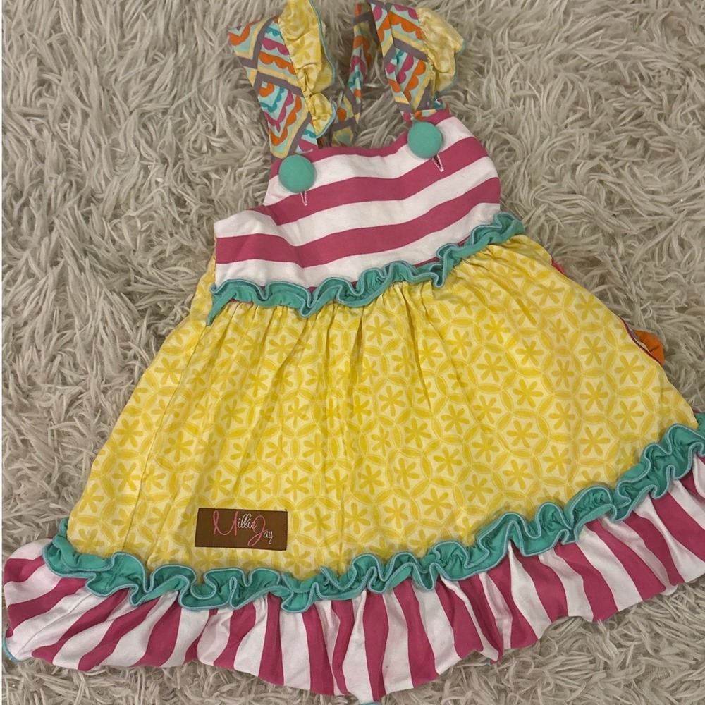 Millie Jay Girls Mixed‎ Print Ruffle Dress Yellow Pink Striped Floral 18M